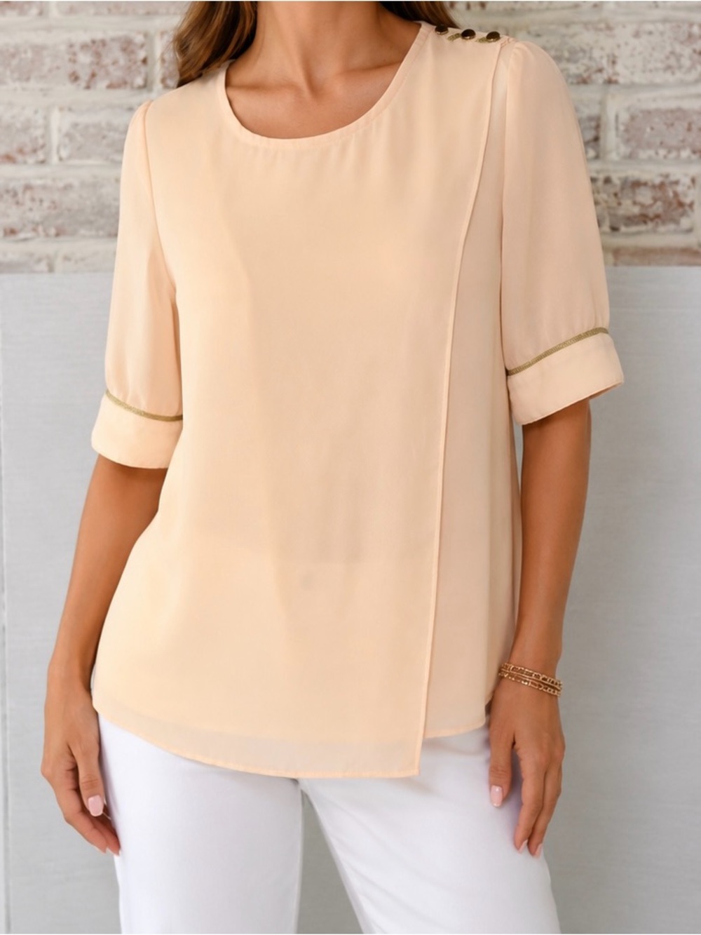 Lola Women’s Peach Chiffon Overlay Blouse Gold Trim Shoulder Detail size Large